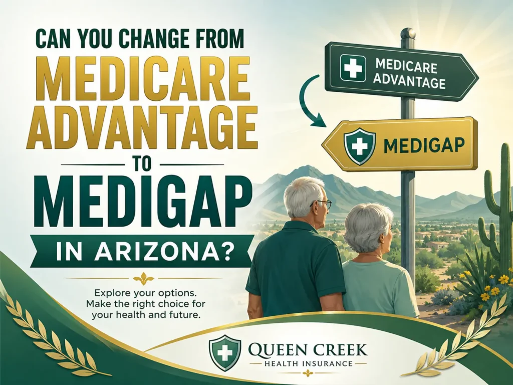 An elderly couple stands by road signs labeled “Medicare Advantage” and “Medigap” in a desert landscape, with text about changing Medicare options in Arizona.