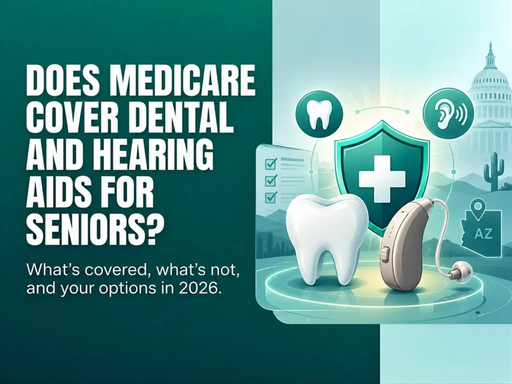 Informational graphic asks if Medicare covers dental care and hearing aids for seniors in 2026, with a tooth, hearing aid, shield, and Capitol.