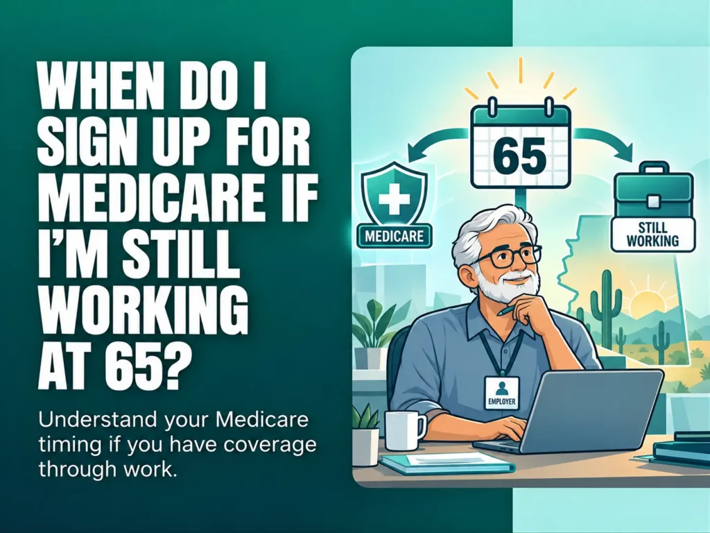 Educational Medicare graphic asks when to sign up at 65 while still working; smiling older man uses a laptop beside a calendar and Medicare shield.